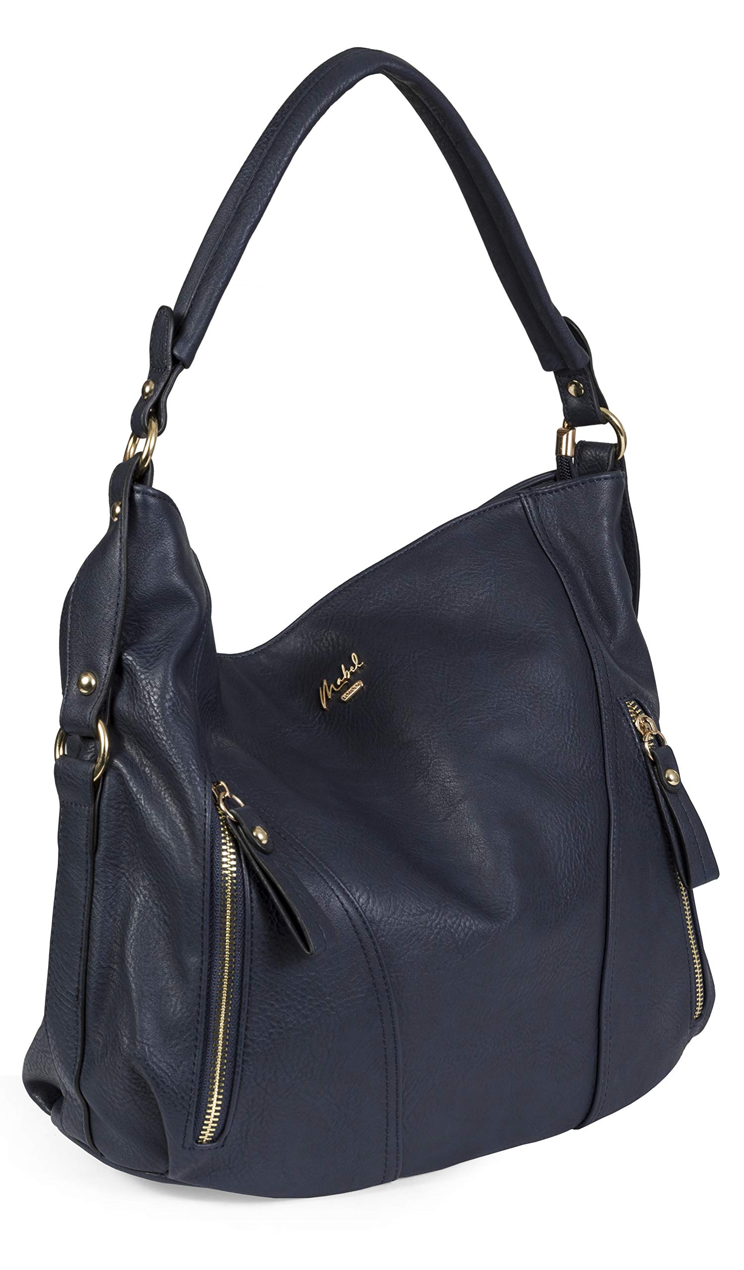 Mabel Womens Large Tote Shoulder Handbag - Top Zip Opening Leather Bag - Multiple Zip Front Pockets Slouch Bag - Paula (Navy)