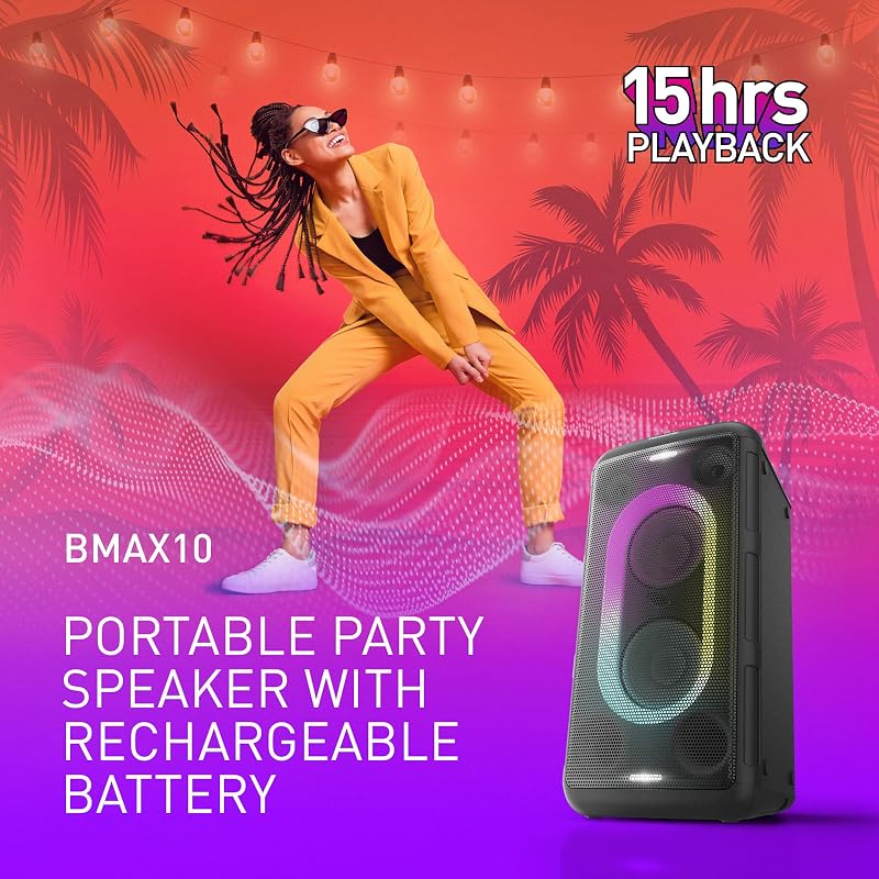SC-BMAX10E-K Altavoz Portátil para Fiestas con Bluetooth, Luces Integradas, 150 W, USB, Entrada Óptica para TV, Entradas de Guitarra y Micrófono para Karaoke, Negro