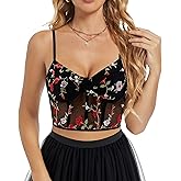 Testudineus Women's Floral Embroidery Corset Crop Top Sheer Mesh Sleeveless Slim Tank Top Disco Party Club Top Tee
