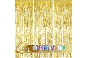TONIFUL 3Pcs Gold Metallic Tinsel Foil Fringe Curtains,3.28ft x 6.56ft Gold Photo Booth Backdrop Streamer Curtain,Photo Booth Props,Ideal Bachelorette Party Supplies, Birthday, Christmas,New Year Decorations