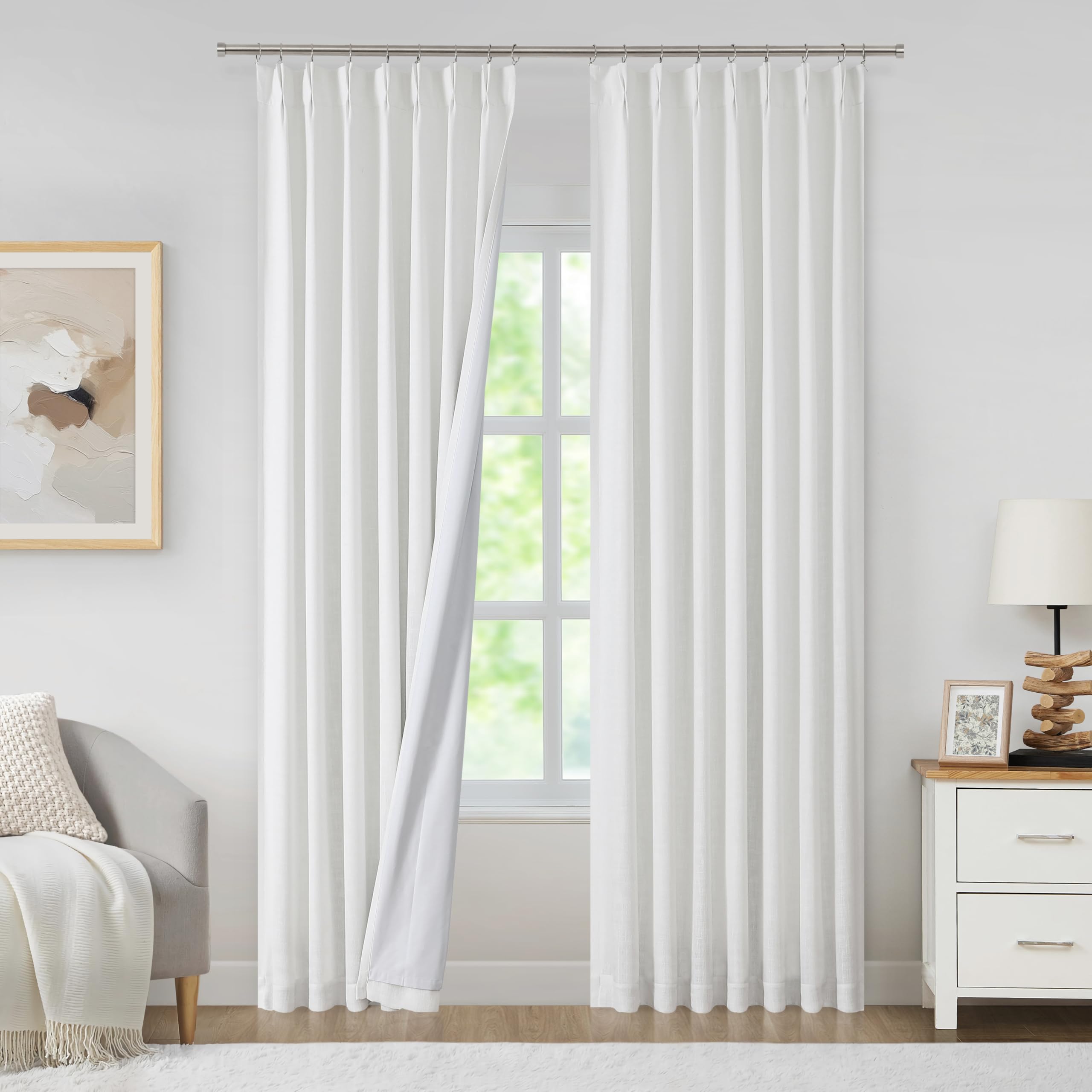 WEST LAKE 72 Inches Long White Bailey Pinch Pleated Blackout Curtains with 100 Room Darkening Liners,Farmhouse Linen Textured Drapes,Bedroom Living Room Window Treatment with Back Tabs,40" Wx72 Lx2