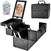 GALHUBIS Makeup Train Case, Portable Makeup Case with Mirror, 2-Trays Cosmetic Organizer Case,Nail Polish Organizer, Travel Makeup Box, Profesional for Salon Barber, Black