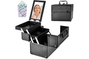 GALHUBIS Makeup Train Case, Portable Makeup Case with Mirror, 2-Trays Cosmetic Organizer Case,Nail Polish Organizer, Travel Makeup Box, Profesional for Salon Barber, Black