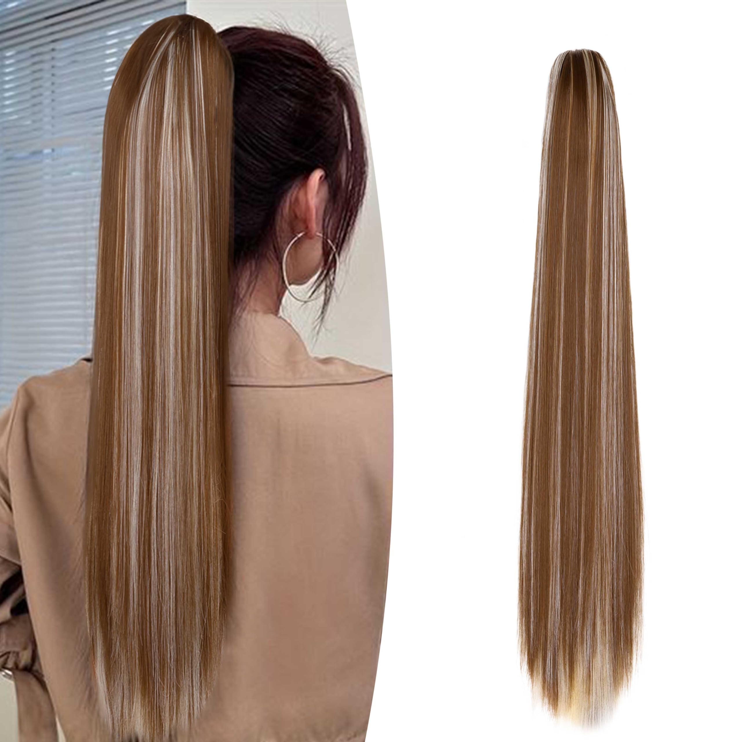 Gairyan Clip in Ponytail Hair Extensions 24 inch Ponytail Extension Long Straight Pony Tails Claw on Ponytail Synthetic Hairpieces for Women Soft Natural Look (Golden Brown & Bleach Blonde)