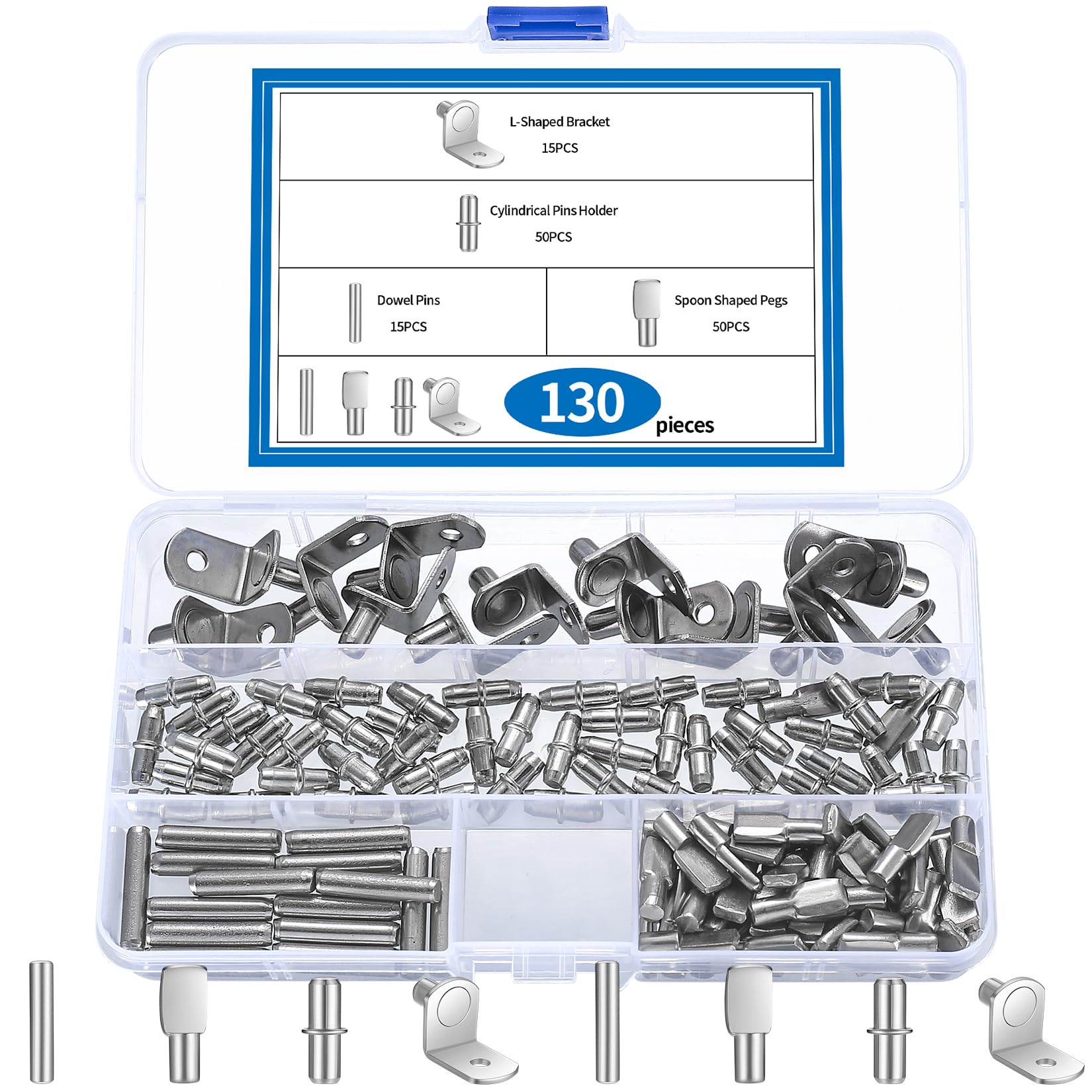 130 Pcs Shelf Bracket Pegs, 4 Styles Metal Shelf Pins, Shelf Support Pegs, 5mm 6mm Kitchen Cupboard Shelf Pegs, Push in Cabinet Shelf Supports Pins for Furniture Cupboard Closet Bookcase Stud Pins