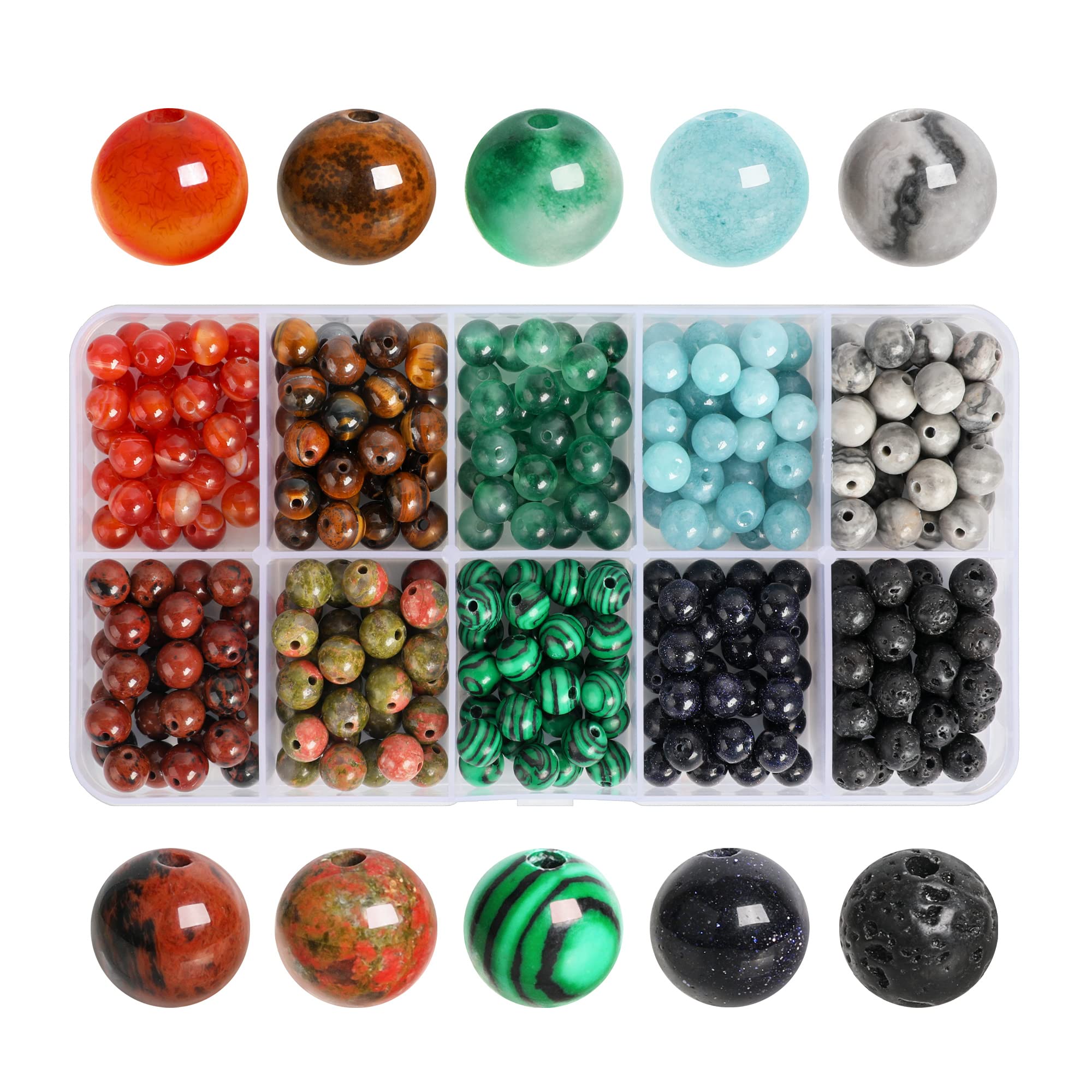 SOSMAR 300pcs Stone Beads, 6mm Crystal Round Beads for Jewelry Making, Lava Bead/Tiger Eye/Red Agate/Aquamarine/Jasper Craft Beads for Bracelet Necklace Making, 10 Colours DIY Smooth Stone — image 1