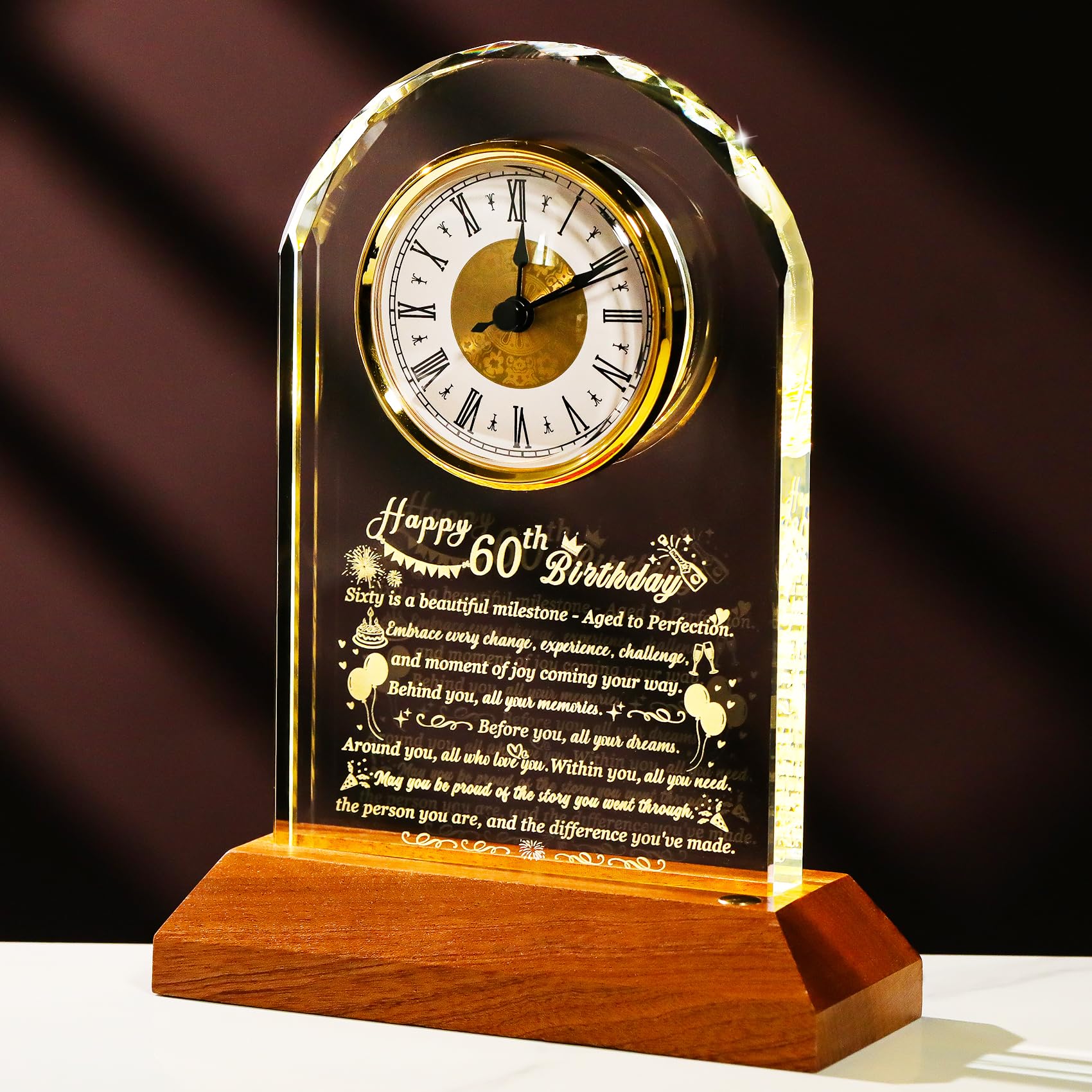 Photo 1 of Arikyrist Happy 60th Birthday Glass Clock Gifts for Women, Men - 60 Year Old Birthday Gift with Wooden Light Base for Her Him, Turning 60 Quartz Clock Gift Idea for Mom Dad Unique Keepsake