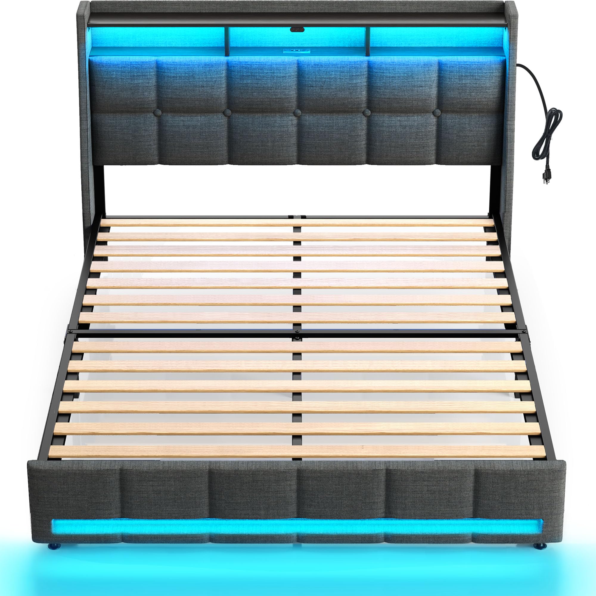 Rolanstar Full Size Bed Frame with LED Lights and Charging Station, Upholstered Headboard with 2-Tier Storage Shelves, Heavy Duty Metal Frame, Noise-Free Support, Easy Assembly, No Box Spring Needed Image