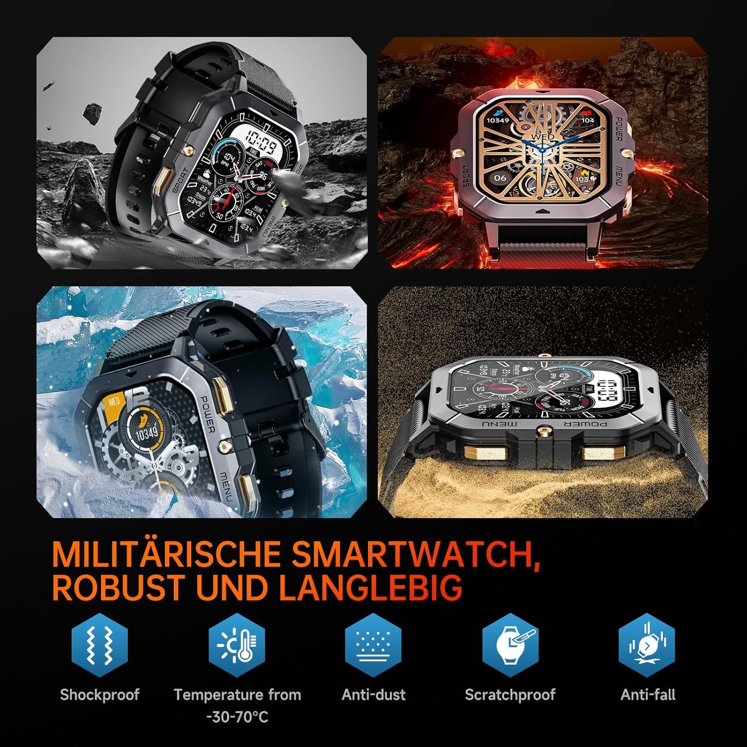 OUKITEL Smartwatch Men's 2.02 Inch Military Fitness Watch with Bluetooth Calls, Rugged Smart Watch Waterproof 410 mAh Sleep 100+ Sports Mode Pedometer for Android iOS