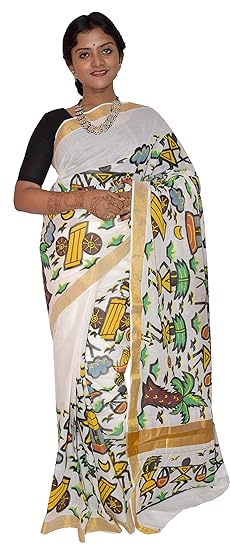 White Hand Painted Kerala Cotton Saree (KB-PN-0119)