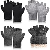 Shihanee 3 Pairs Winter Warm Fingerless Gloves for Men Thermal Fleece Lined Knitted Half Finger Gloves for Cold Weather Gift