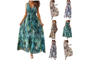 GENERIC Boho Summer Dresses for Women 2024, Womens Summer Dresses Boho Floral Sleeveless V-Neck Hawaiian Beach Maxi Dresses Sundress