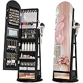 LVSOMT 360° Swivel Arched Jewelry Mirror Cabinet, 64"H Standing Jewelry Armoire with 6 LED Lights, Lockable Jewelry Organizer, Arch Full Length Mirror with Storage, Inner Makeup Shelf, Drawers (Black)