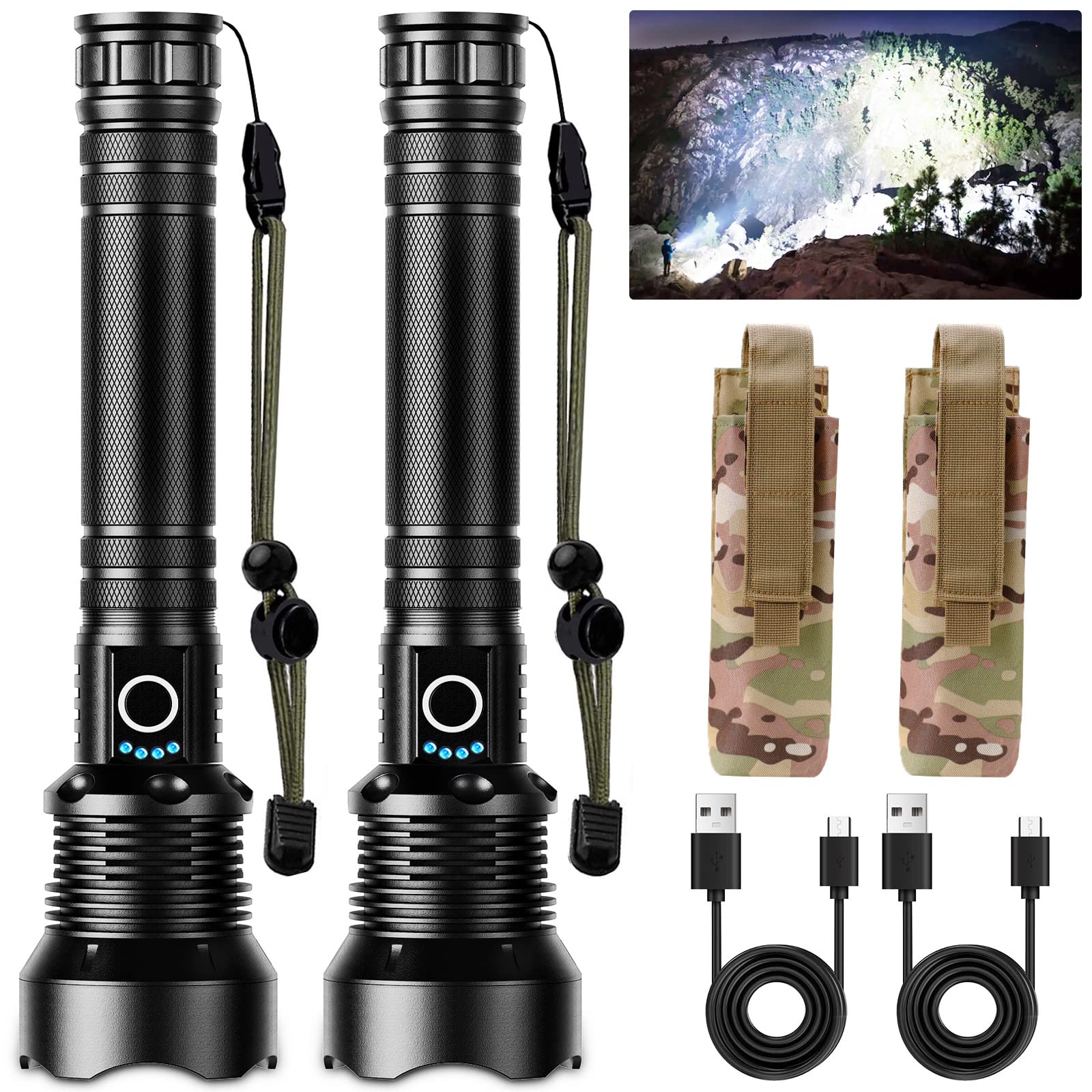 Photo 1 of BERCOL Rechargeable LED Flashlights High Lumens, Super Bright 990,000 Lumens Flashlight with 5 Modes & Waterproof, Powerful 10000mAh High Capacity Flash Light for Camping Emergencies - 2 Pack