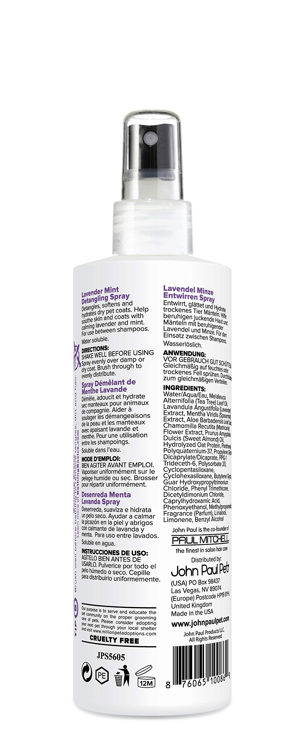 John Paul Pet Lavender Mint Detangling Spray for Dogs and Cats, Soothes