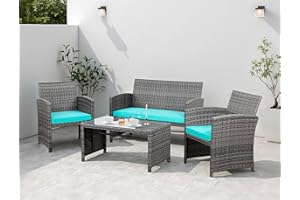 Shintenchi 4 Piece Patio Ratten Set Outdoor Furniture Set Wicker Conversation Set with Cushions and Tempered Glass Tabletop,Blue