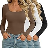 Ficerd 3 Pack Square Neck Tops for Women Long Sleeve Going Out Slim Fit Shirts Basic Tees 2026 Winter Y2k Clothes