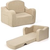 Airpanda Kids Sofa Chair, 2-in-1 Kids Couch, Fold Out Foam Sofa, Beige | Convertible Kids Sofa for Reading and Playing, Soft Foam Support, Corduroy Fabric, Removable Washable Cover