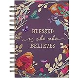 Inspirational Spiral Journal Notebook for Women Blessed Is She Who Believes Birds/Floral Eggplant Wire Bound w/192 Ruled Page