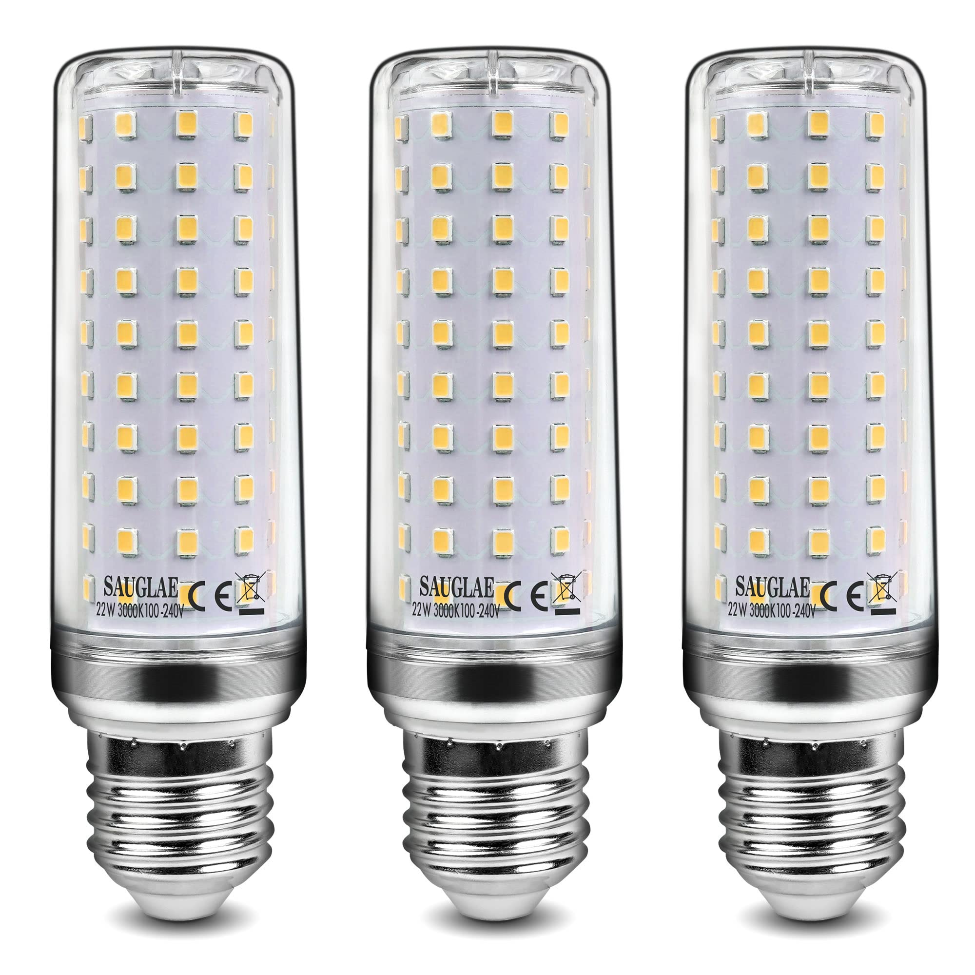 SAUGLAE 22W LED Light Bulbs, 180W Incandescent Bulbs Equivalent, E27 Large Edison Screw, 2500Lm, Warm White 3000K, Pack of 3