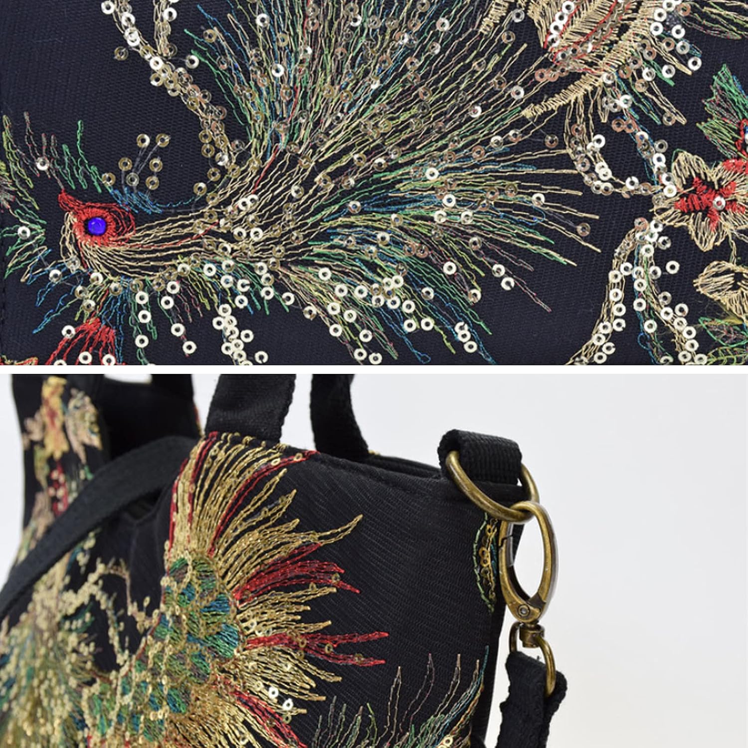 Puyang Women Sequins Peacock Embroidery Ethnic Handbag Crossbody Purse Ladies Canvas Tote Shoulder Bag with Pendants(Black) - Image 5