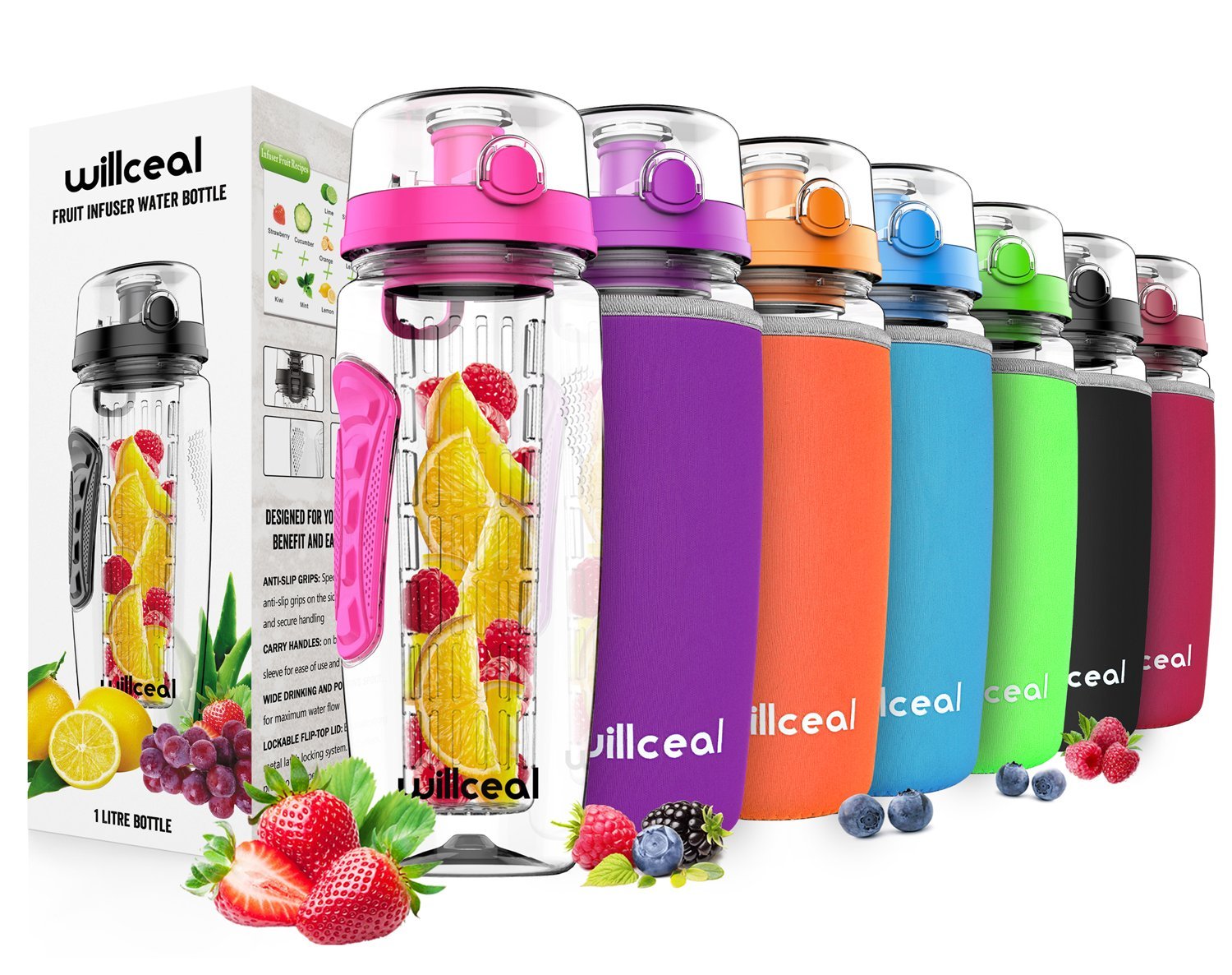 willceal Fruit Infuser Water Bottle 32oz Durable, Large - BPA Free Tritan, Flip Lid, Leak Proof Design - Sports, Camping