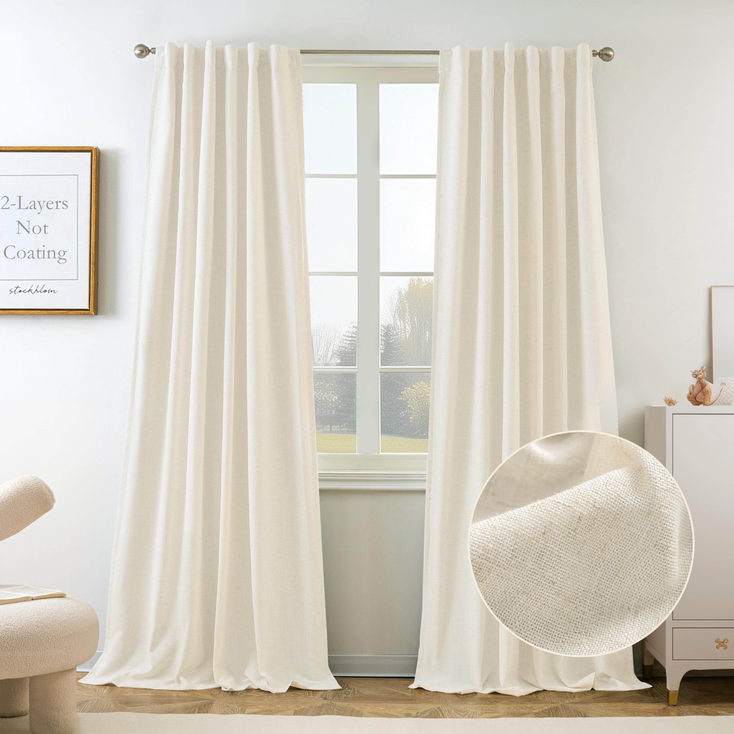 Photo 1 of DriftAway 100% Blackout Natural Linen Curtains for Bedroom 96 Inches Long Double Layer Drape Farmhouse Thermal Insulated 3 Inch Rod Pocket Back Tab Full Light Blocking 2 Panels for Living Room Nursery