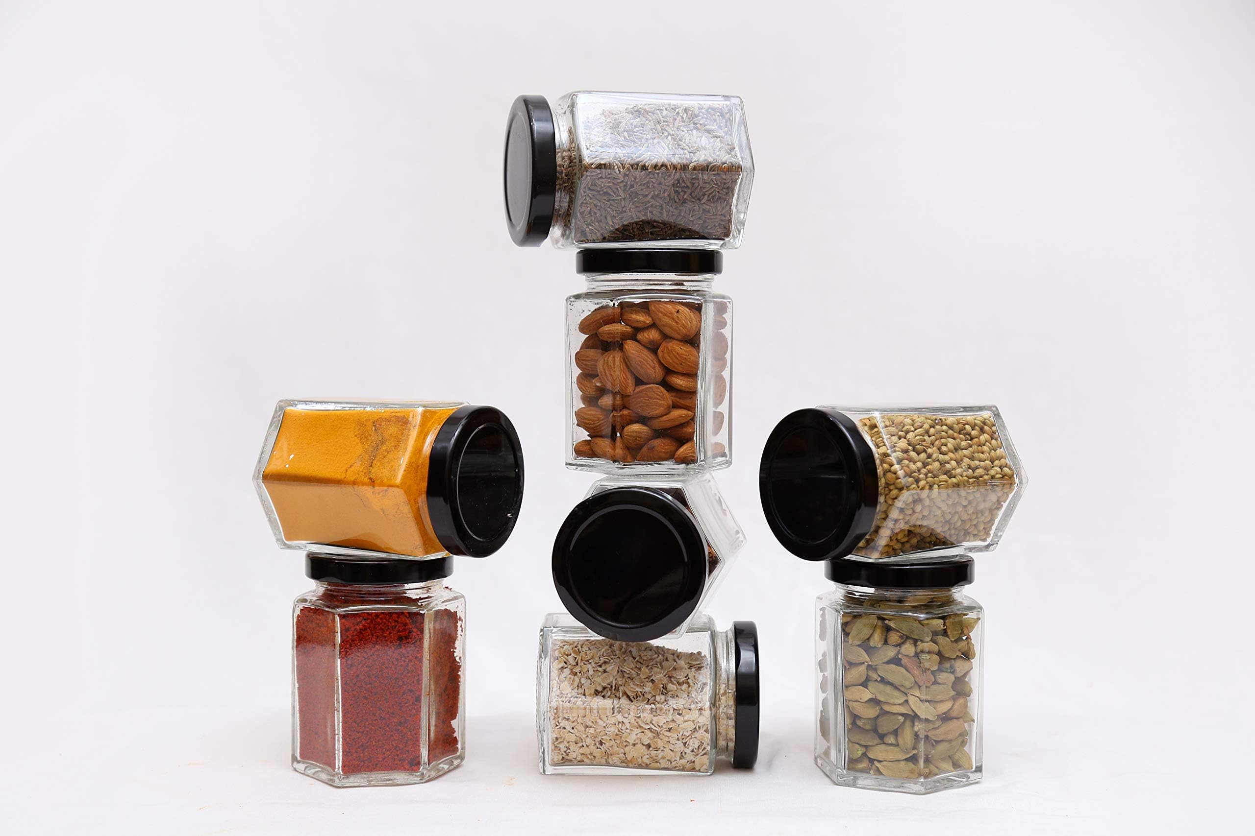 Necarnaz (175ML Pack of 8) Hexagon Glass Jar Container for Kitchen Dried Masala Storage Jar,Honey Jar,Jar and Container,Spice Masala Jar,Glass,Visible Glass Jar With Rust Proof Air Tight Lid 175ml (Pack of 8)