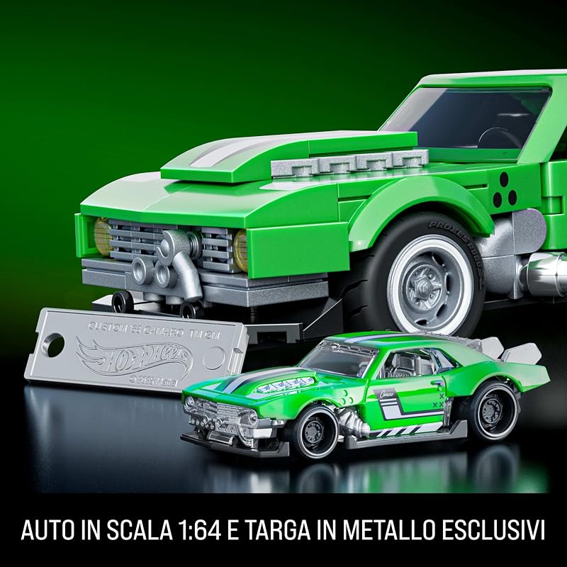 ​​Mattel Brick Shop Hot Wheels - Custom ’68 Camaro Serie Speed, set da costruire con 289 pezzi, dettagli realistici e adesivi per personalizzare l'auto, 10+ anni, JFT16