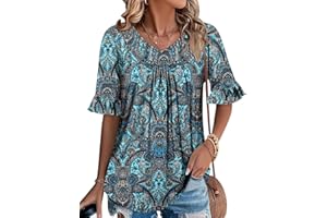 onlypuff Womens 3/4 Sleeve Tunic Tops Ruffle Blouse for Leggings Summer Shirts S-3XL