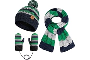 INSISMY Kids Winter Knit Hat Scarf Gloves Set Toddler Warm Fleece Lined Mittens Pompom Beanie Hat for Boys Girls 3-8 Years