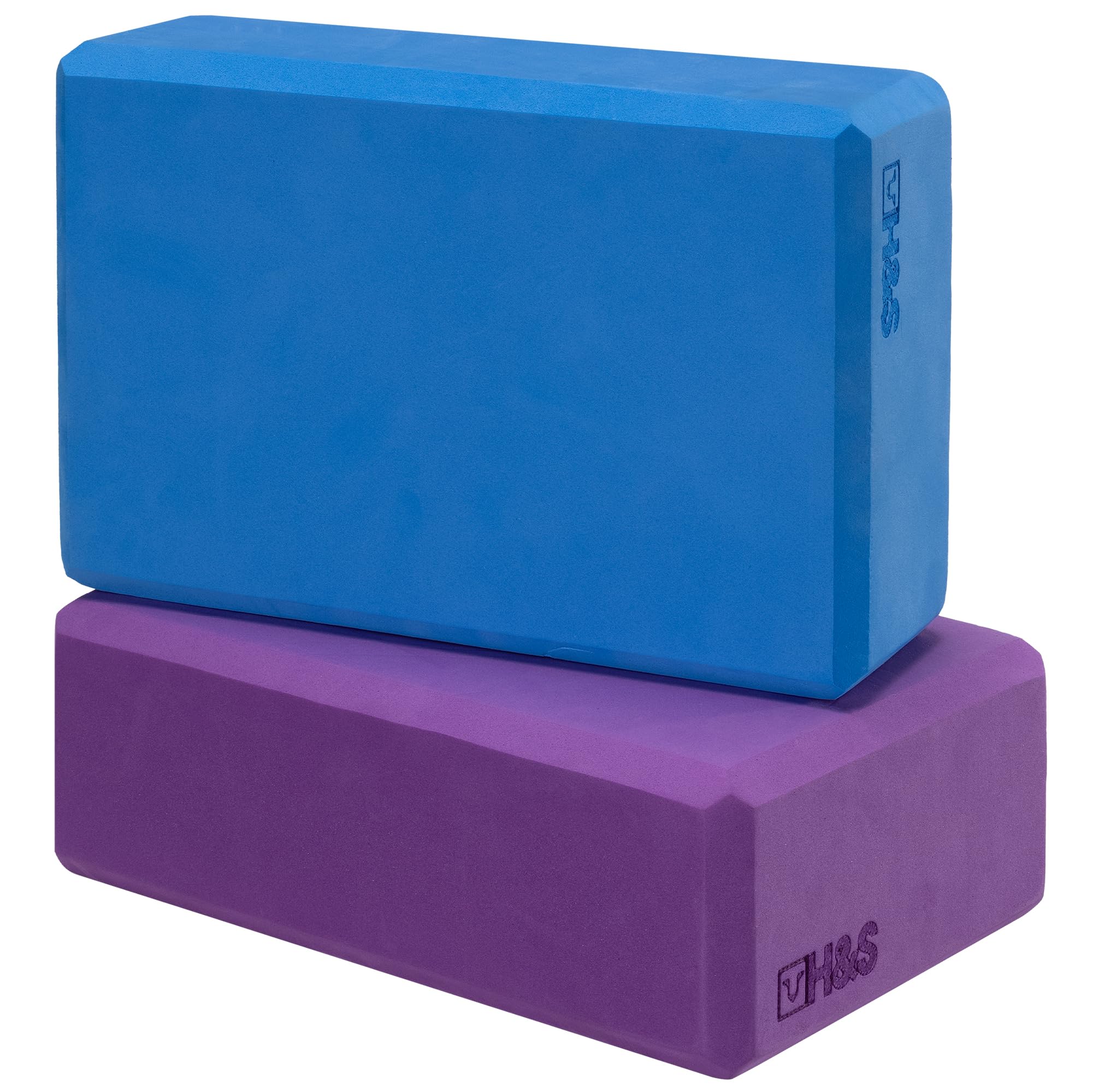 H&S Yoga Blocks Set of 2 - High Density EVA Foam Yoga Brick - Pilates Block Pillow - Yoga Block Set - Gym Accessories and Exercise Equipment - Meditation Cushions - Purple & Blue