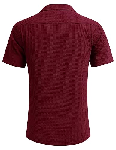 COOFANDY Men's Casual Cuban Shirt - Short Sleeve Button Up, Loose Fit Guayabera, Wine Red, For Beach & Summer