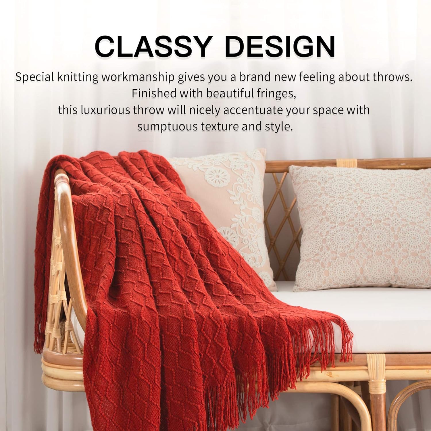 SPAOMY Throw Blanket, Knit Blanket with Tassels, Textured Cozy Lightweight Decorative Throw Blanket for Couch, Bed, Sofa, Travel- All Seasons (50x60 Inch, Rust): Kitchen & Dining