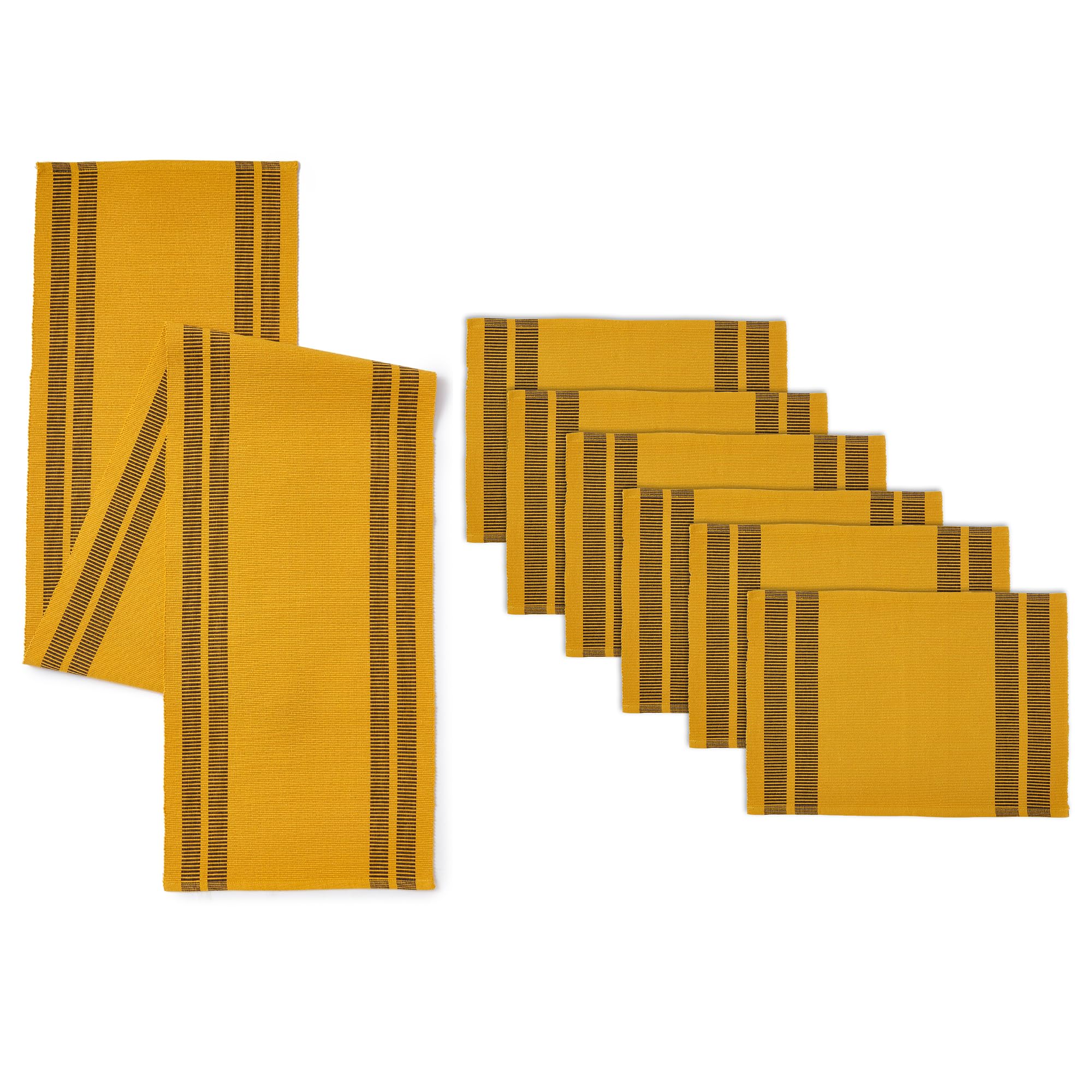 Encasa XO Table Runner and Placemats Set 6 | Fine Ribbed Cotton | Ladder Yellow | 1 Table Runner Size 32x183 cm & Each Table Mat Size 48x32 cm