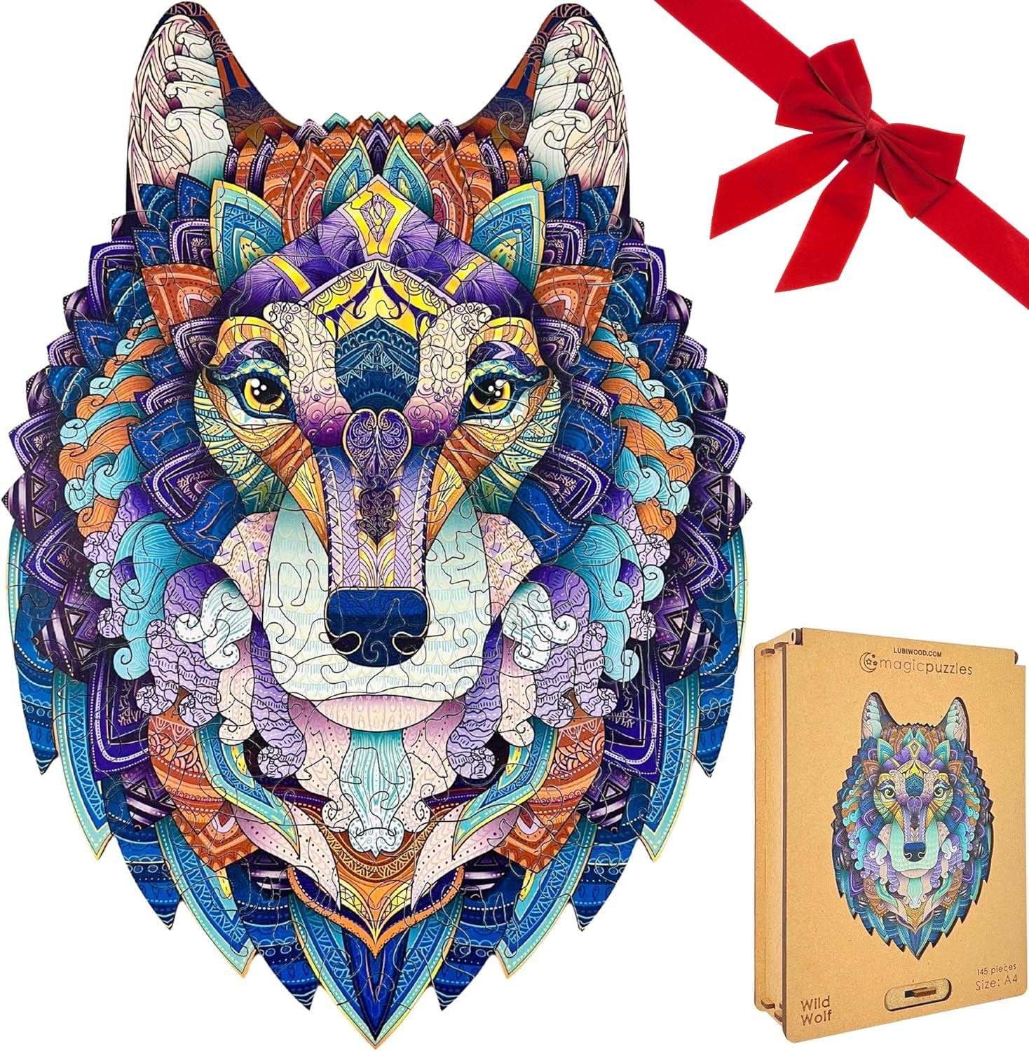 Lubiwood Unique Shaped Wild Wolf Wooden Puzzle (29x21 cm) - 145 Intricate Pieces, Includes Wood Gift Box - An Ideal Engaging Gift