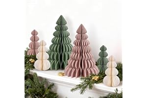 BALUN ADMHAIL 6PCS Paper Christmas Tree, Honeycomb Trees Table Centerpiece with Magnetic Closure, Sage Green and Dusty Pink Christmas Tree Decor for Mantel Xmas Tabletop Centerpiece