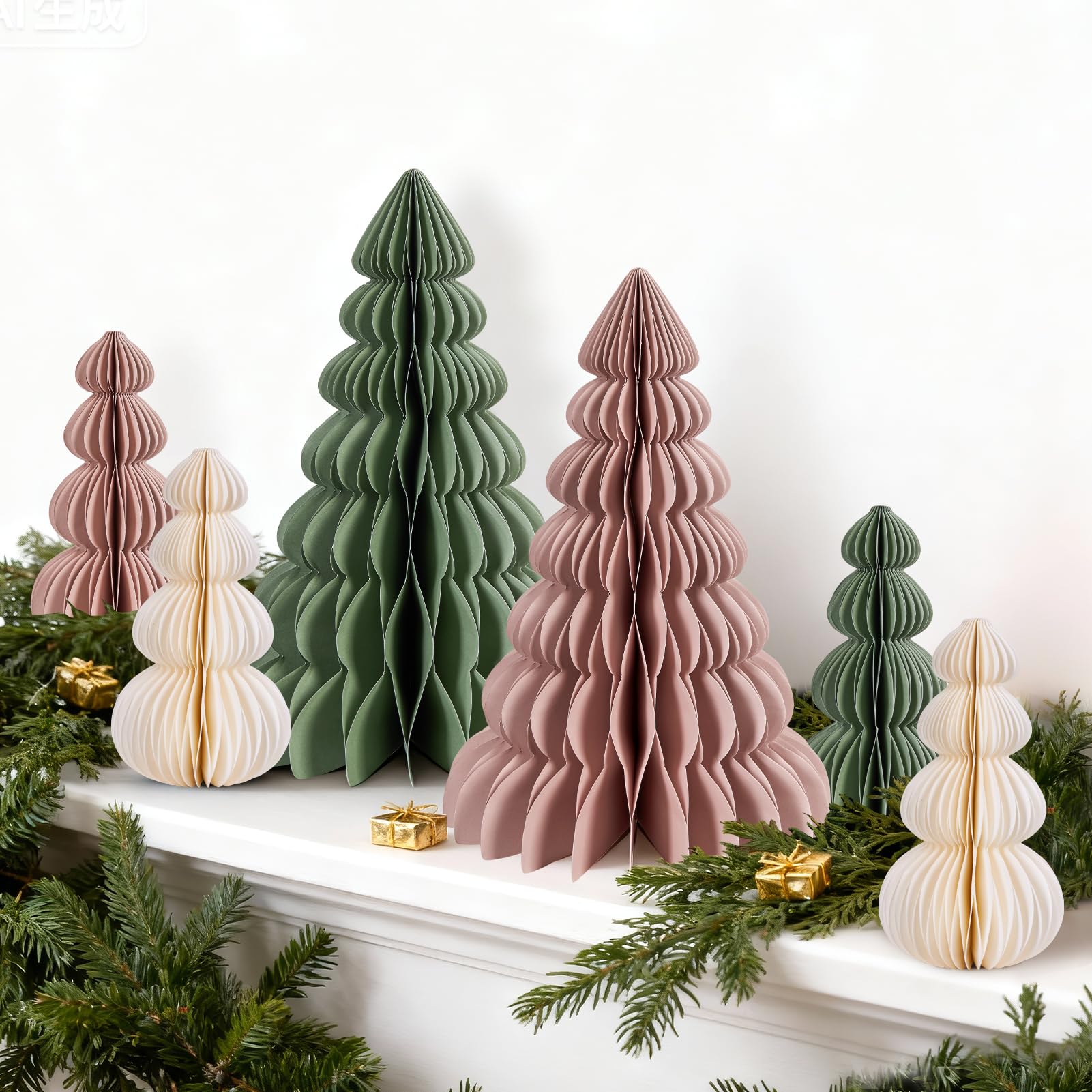 Photo 1 of 6PCS Paper Christmas Tree, Honeycomb Trees Table Centerpiece with Magnetic Closure, Sage Green and Dusty Pink Christmas Tree Decor for Mantel Xmas Tabletop Centerpiece
