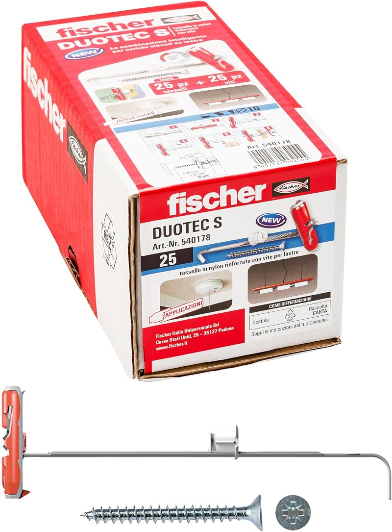 Fischer Duotec 10 S Heavy Duty Wall Plugs w/ Torx Screws 25 Pcs Drywall Panels
