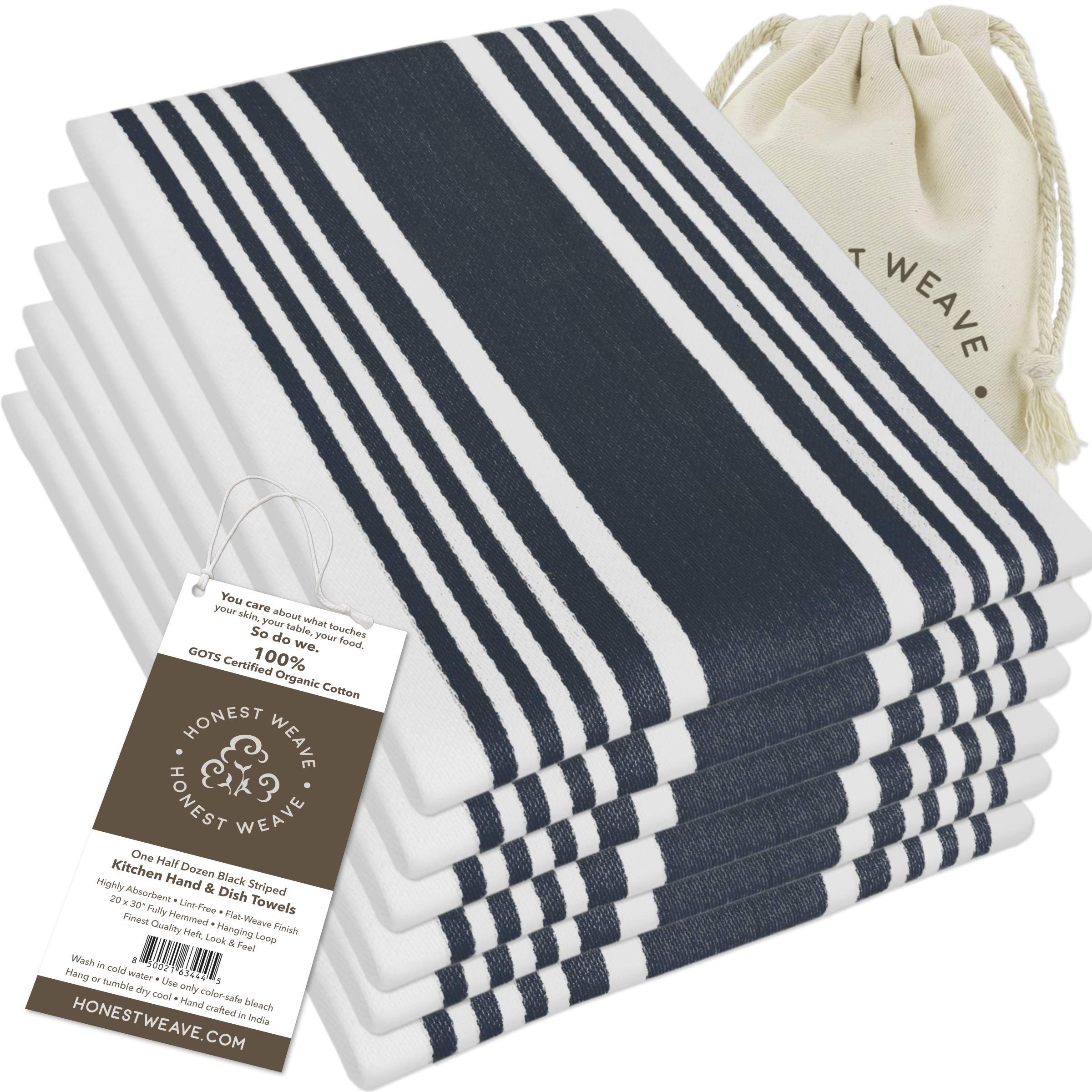 HONEST WEAVE GOTS Certified Organic Cotton Kitchen Hand and Dish Towel Sets - Oversized 20x30 inches, Fully Hemmed, in Designer Colors, 6-Pack, Black Stripe