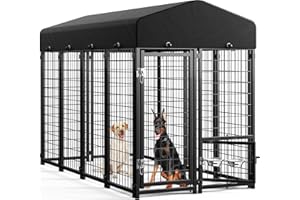 Sino Luban Outdoor Dog Kennel Outside Run with Doggy Door, Swivel Feeder&Roof - 8x4x6FT Large Dog Kennels Pens Outside for Large Dogs Breed- Heavy Duty Cage Yard (Can Connect to Your Dog House)