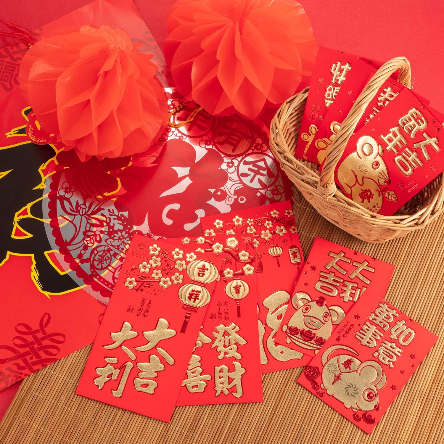 Including Chinese Chun Lian Outus 36 Pieces Chinese Couplet Set For Chinese New Year Spring Festival Red Envelopes Hong Bao Chinese Fu Character Decorations And Chinese Red Paper Paper Lanterns Novelty Lighting