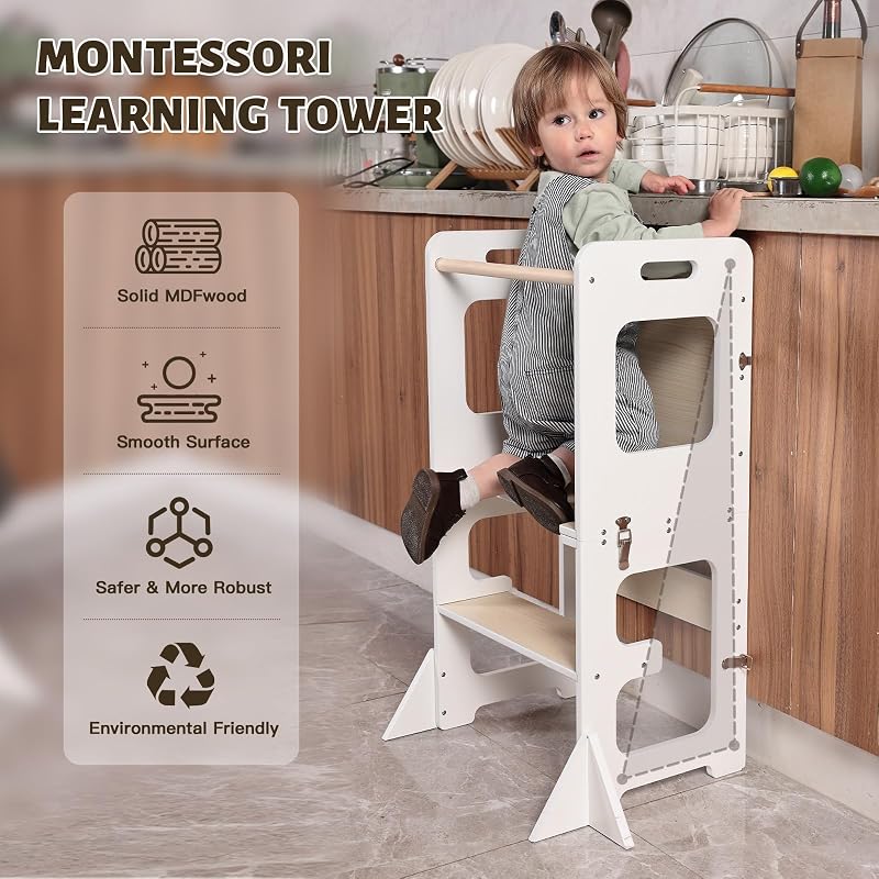 Torre de Aprendizagem, Torre Dobrável Montessori por criança, Torre de Aprendizagem Multifuncional com Quadro Negro, Torre de Aprendizagem com Torre 3 em 1 desde 1 ano - branca e de madeira