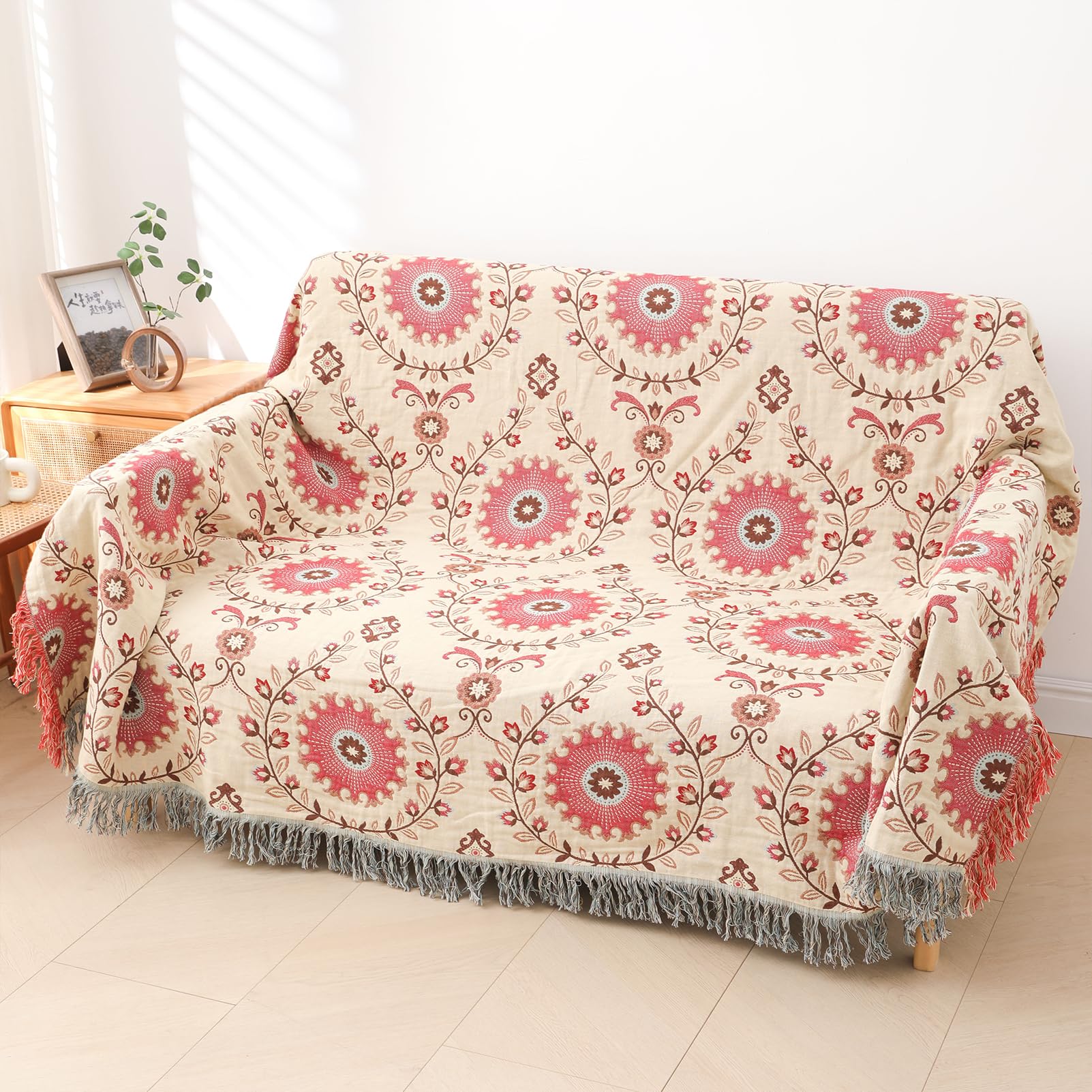 Snylcce Double-sided Bohemian Large Throw Blanket - 100% Organic Cotton Handwoven Bed & Sofa Throw, Cozy Boho Accent for 2-3 Seater Couches and Armchairs - 200x230cm, Vibrant Marigold-Pink