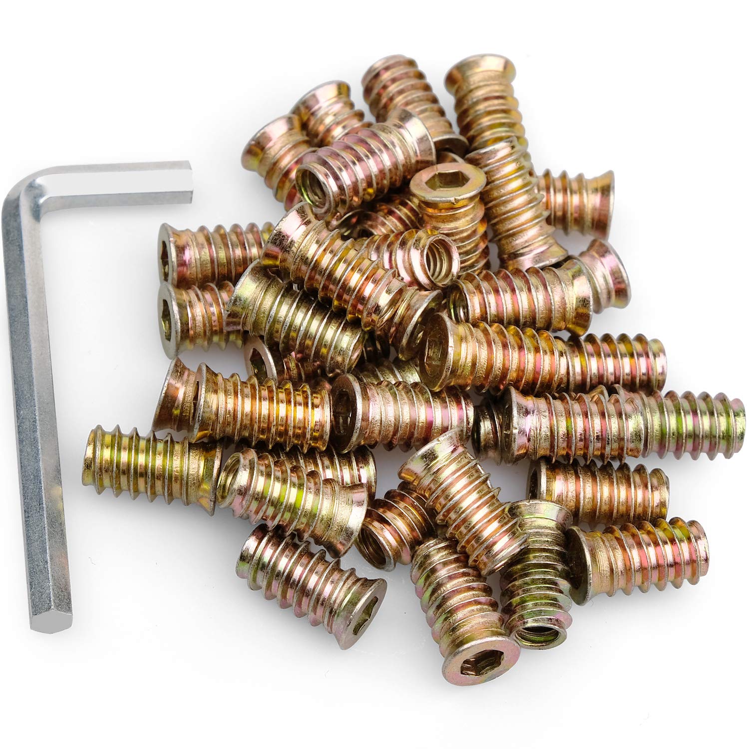 40Pcs Anwenk 1/4"-20 x 20mm Furniture Screw in Nut Threaded Wood Inserts Bolt Fastener Connector Hex Socket Drive for Wood Furniture Assortment (with Hex Spanner)