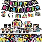80s Birthday Decorations Party Supplies, 80's Themed Party Tableware 172pcs Serves 20 - Plates, Napkins, Cups, Cutlery, Tablecloth, Banner, Hanging Swirls, Cupcake Toppers for 80s Hip Pop Party