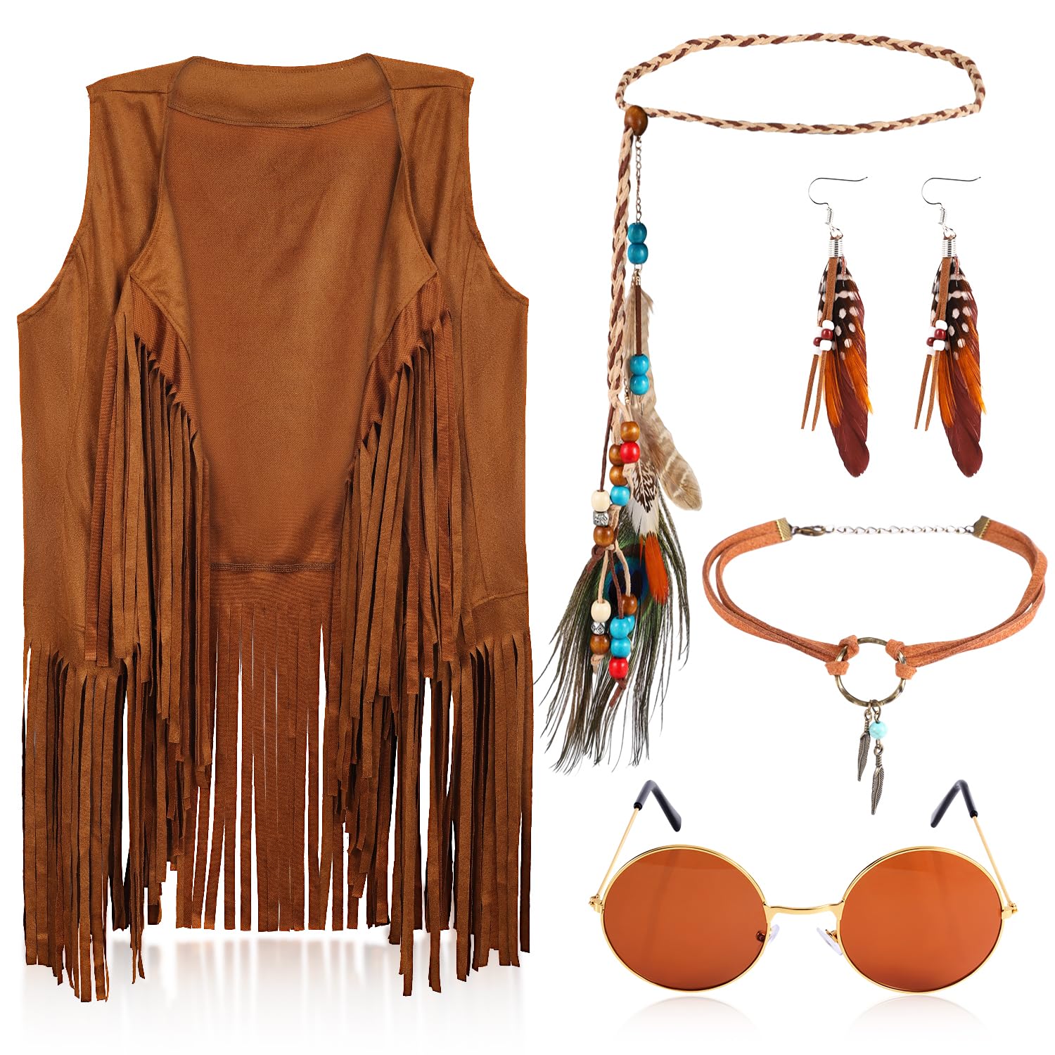 Photo 1 of 5pcs 60s 70s Hippie Costume Set for Women, Hippie Costumes Clothes with Tassel Vest Sunglasses Necklace Earrings Feather Woven Headband Hippie Costume Accessories Set (XXL)