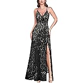 VFSHOW Womens Sexy V Neck Floral Lace Formal Prom High Slit Maxi Dress 2023 Spaghetti Strap Wedding Guest Evening Long Gown