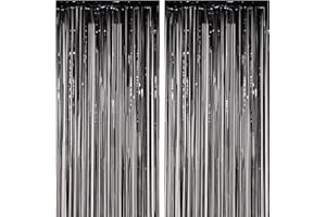Voircoloria 2 Pack Black Foil Fringe Backdrop Curtains, Tinsel Streamers Birthday Party Decorations, Fringe Backdrop for Graduation, Baby Shower, Gender Reveal, Disco Party