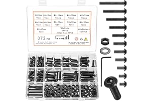 QOOSIKICC 372 Pcs M6 Machine Screw Assortment Kit, M6 Metric Bolts and Nuts Assortment, Assorted Hex Socket Button Head Cap Screws and Nuts and Washers Kit, Black Hex Nuts and Bolts and Washers Set